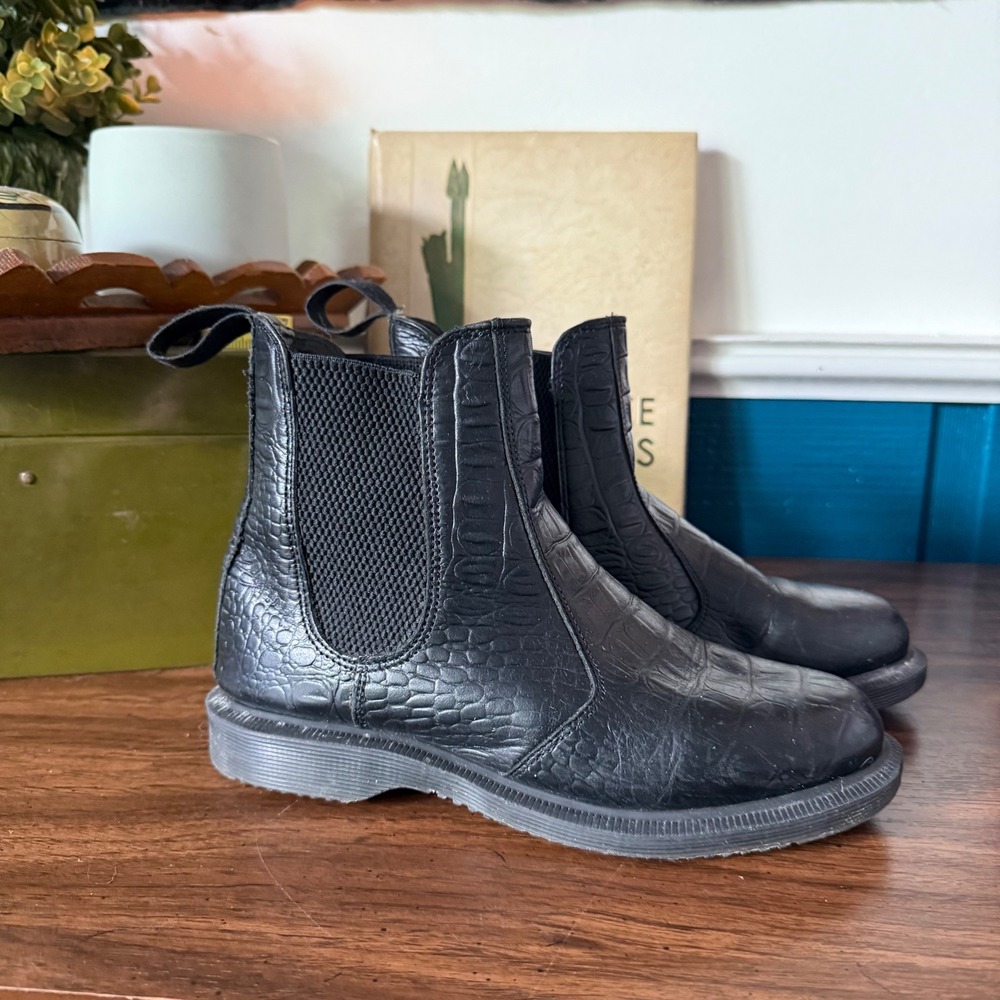 Dr. Martens Flora Croc Embossed Leather Chelsea Boots Black Size 6